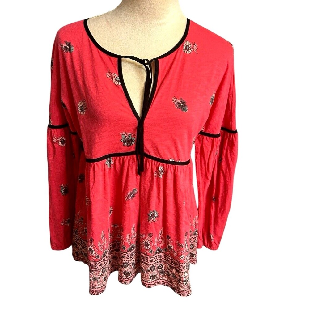 Lucky Brand Floral Boho Coral Tie Neck Keyhole 3./4 Bishop Sleeves Blouse Sz S